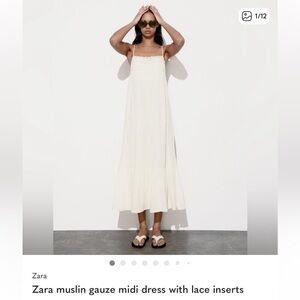 Zara Cream Muslin Midi Dress with Lace Trim, size XS
